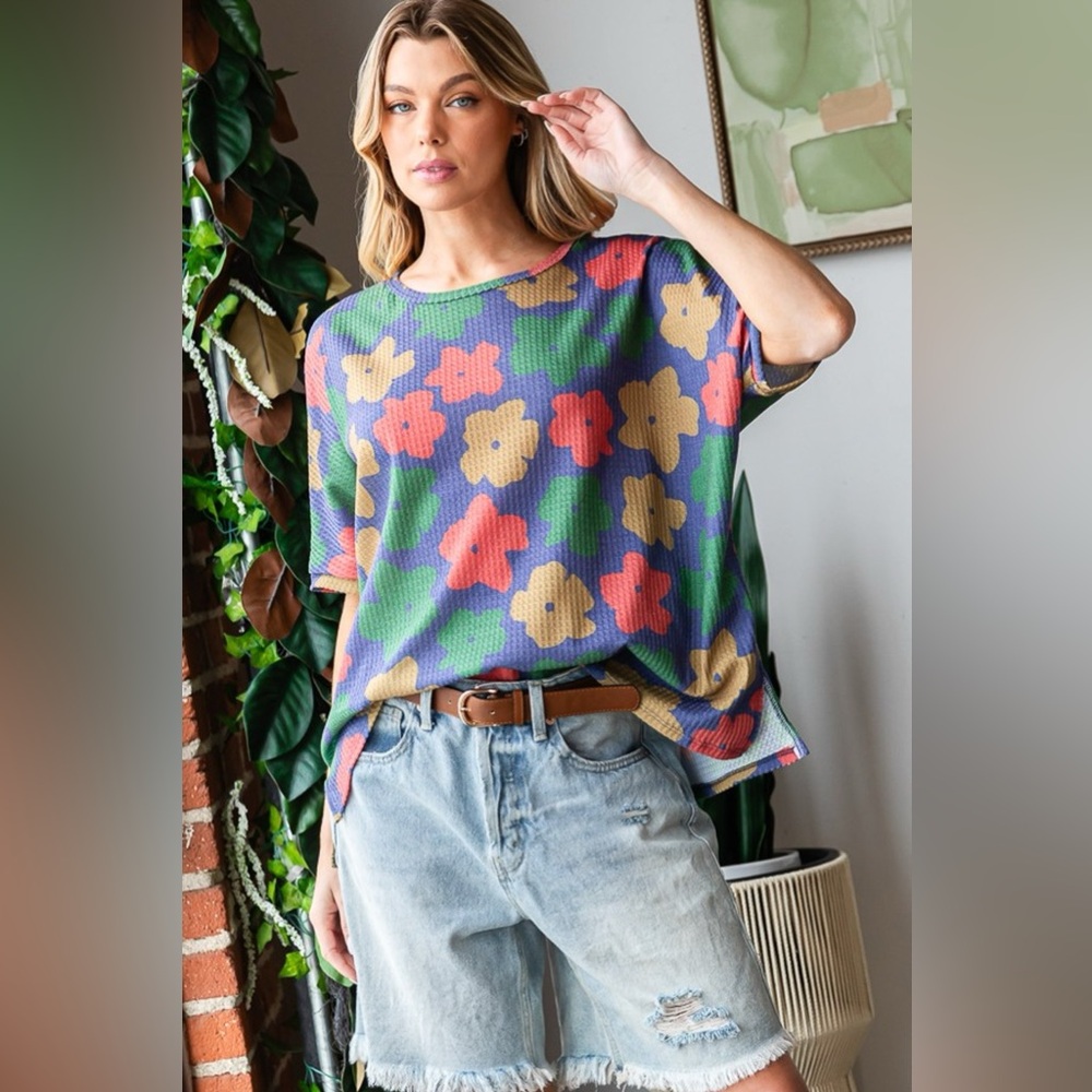 HOPELY Full Size Floral Round Neck Side Slit T-Shirt